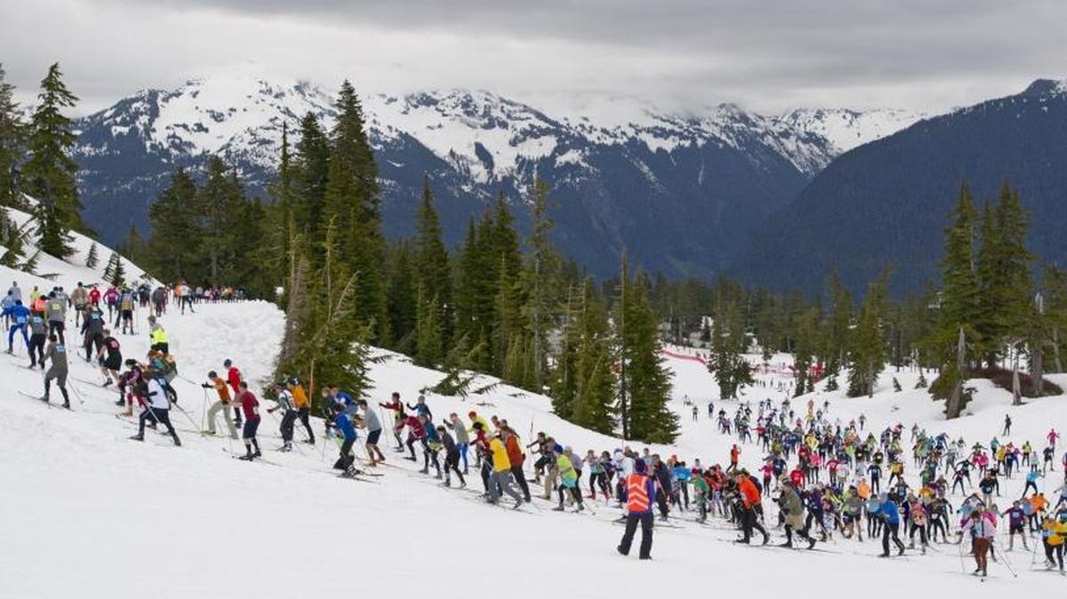 Ski to Sea racers battle for position early in the 2014 Ski to Sea race following the mass start.