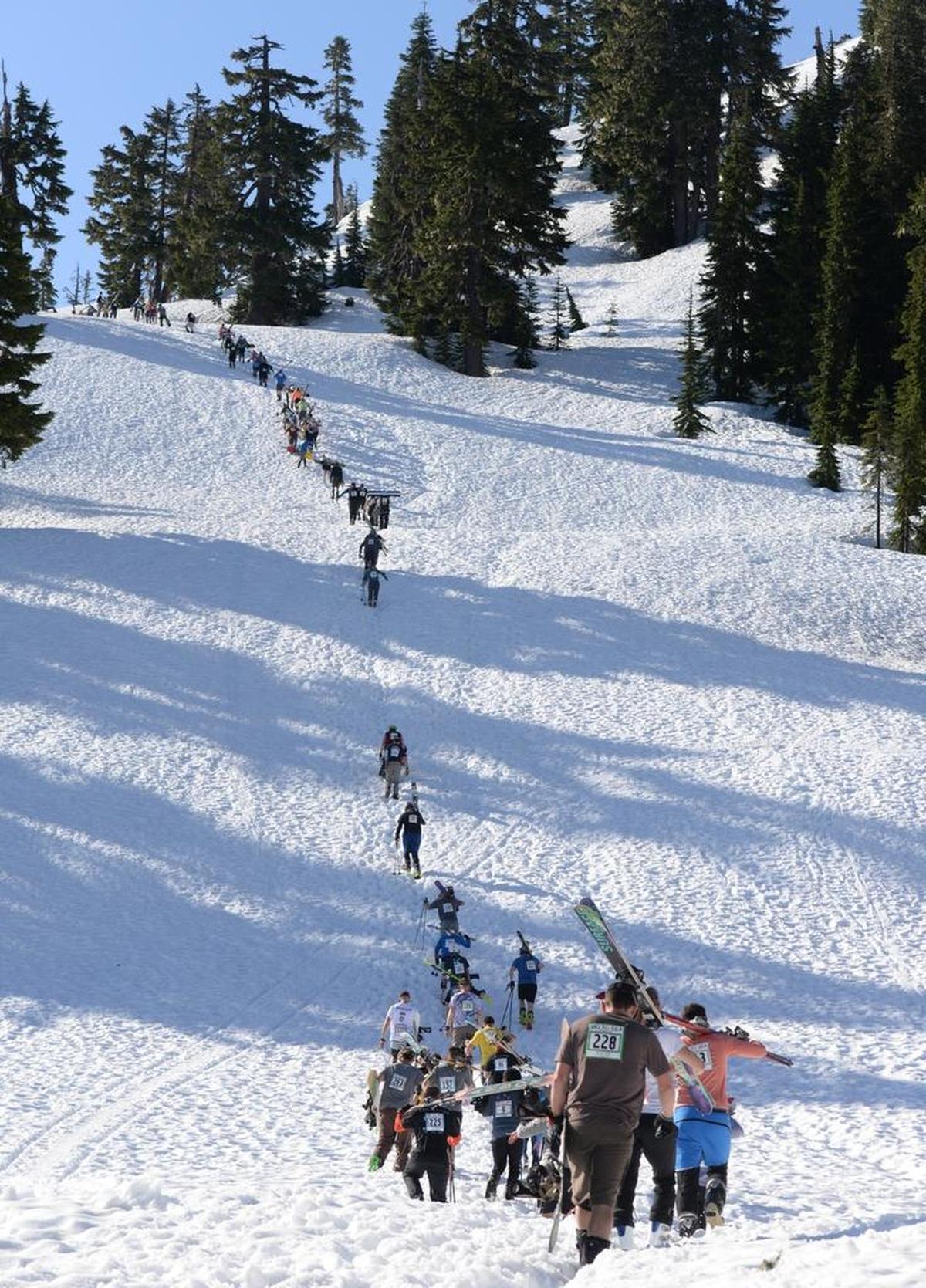 Competitors make their way up the mountain during the dowhill skiing/snowboarding leg of the 2017 Ski to Sea at Mt. Baker Ski Area.