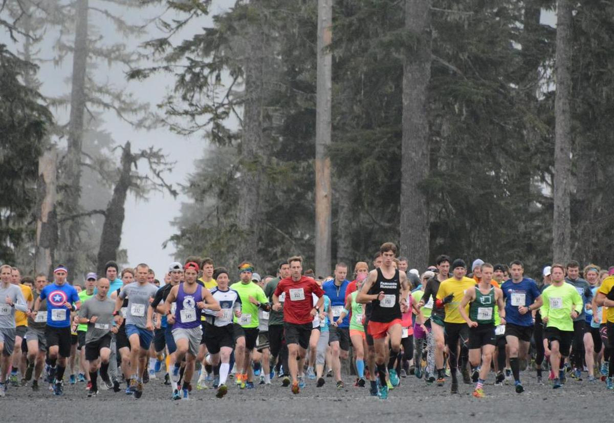 Mountain runners start of the 2015 Ski to Sea Race at the White Salmon Lodge at the Mount Baker Ski Area east of Glacier.