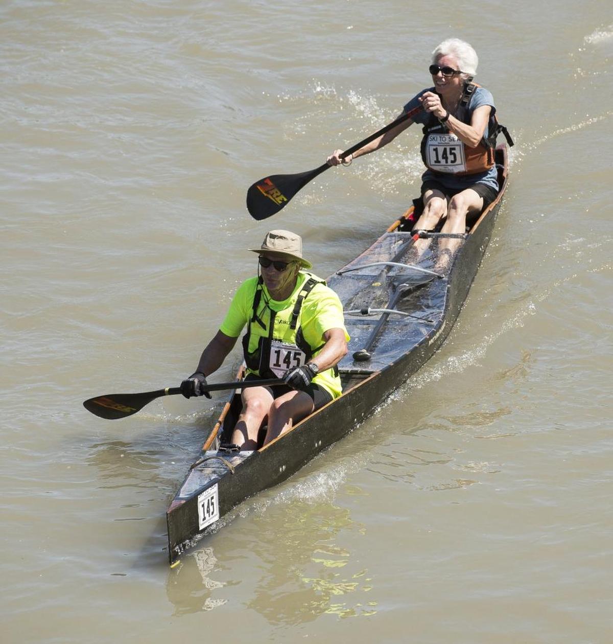 David Scherrer and Susan Bennerstrom paddle down the Nooksack River during the canoe leg of the 2017 Ski to Sea.