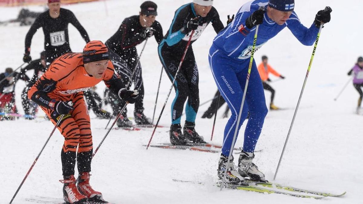 Ski to Sea competitors battle during the cross country skiing leg of the 2016 Ski to Sea Race at Mt. Baker Ski Area.