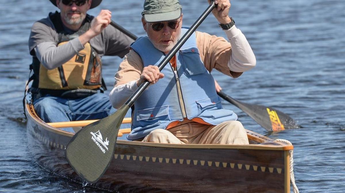 Doug Puckering, 82, front, and his son David Puckering practice for the Ski to Sea Race April 28 at Lake Terrell Wildlife Area west of Ferndale. Doug Puckering built the cedar strip canoe himself and will be the oldest competitors in this year’s race.
