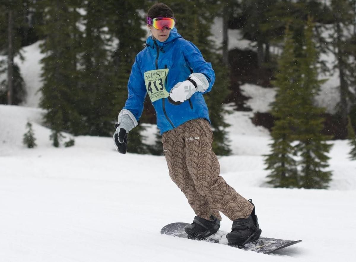 There Better Be Beer at the Bottom! snowboarder Cheri Austin competes in the 2013 Ski to Sea at Mt. Baker Ski Area.