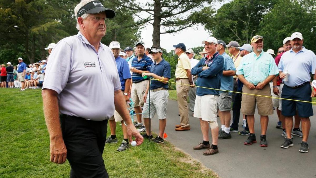Colin Montgomerie, of Scotland, walks off the eighth green during the first round of the U.S. Senior Open golf tournament, Thursday, June 29, 2017, in Peabody, Mass.