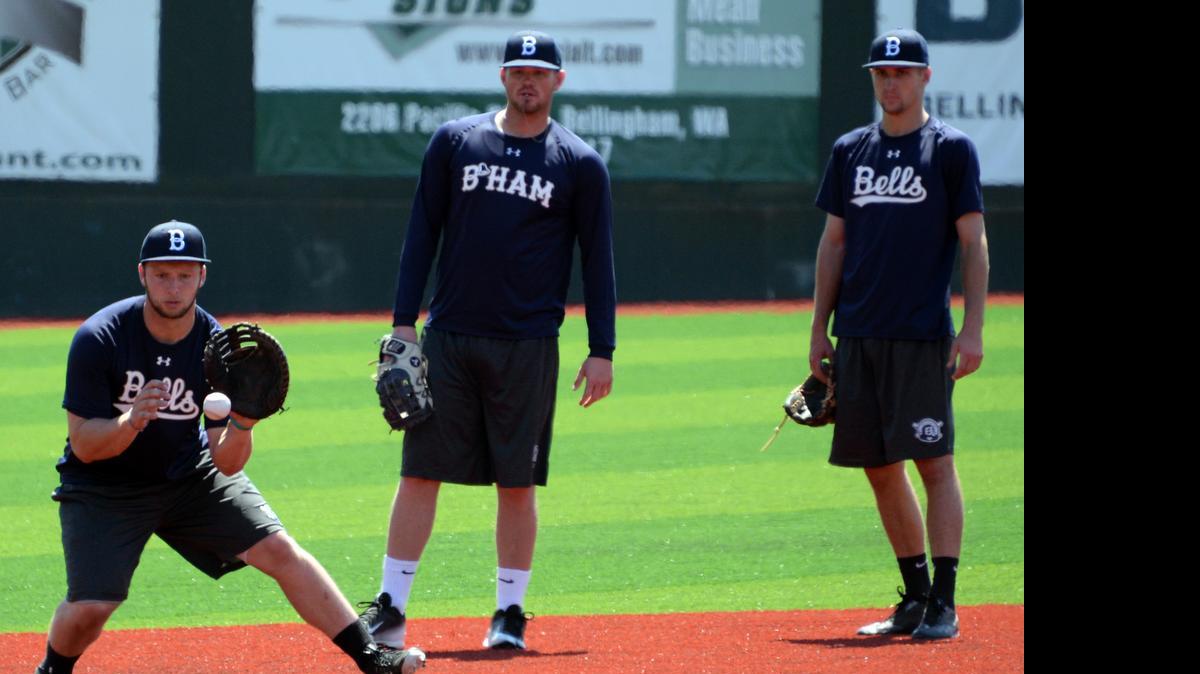 
Bellingham Bells Andrew Reichenbach, left, Cole Wilstead, middle, and Jordan Schlehuber, right, get some ground ball work in during a practice Thursday, June 4, at Joe Martin Stadium.
