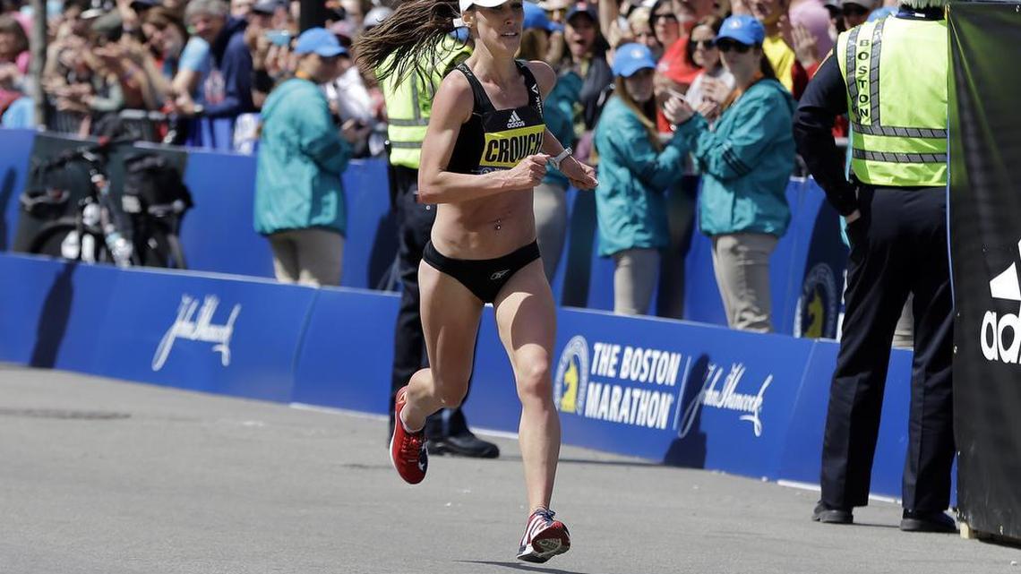 Sarah Crouch, of Blowing Rock, N.C., approaches the finish line of the 120th Boston Marathon on Monday, April 18.