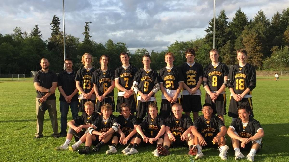 The Bellingham Warriors high school lacrosse club advanced to the state championship match with a 15-5 semifinal win over at Vashon on Wednesday. Pictured are: (front row) Logan Hewitt, Ryan Kittinger, Hayden Terrell, Caleb Vanderyacht, Liam Swanson, Jacob Alvarez, Rylan Nauta, (back row) assistant coach Will Ruth, head coach Tyler Ferrar, Jackson Zerba, Levi DeYoung, Garrett Sorenson, Owen Brands, Henry Spilker, Jackson Hoppis, Aiden Rowland, Grayson Atwell.