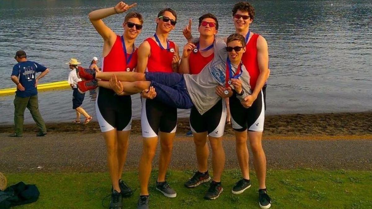 Will Schjeldrup, Griffin Holmes, Marshall Mills, Elliott Niemur and Thomas Newman celebrate winning the JV Men’s 4+ at the Covered Bridge Regatta Saturday, April 16, in Oregon.
