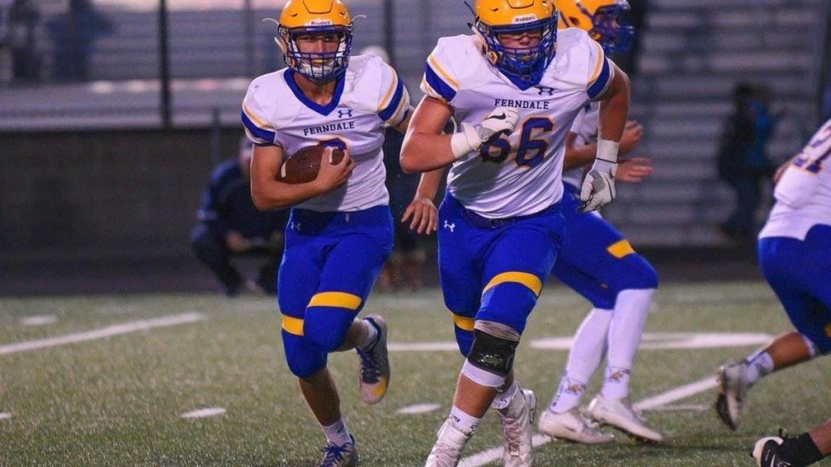 Ferndale freshman Geirean Hatchett (66) leads the way for teammate Justice Powell during a game earlier this fall. Hatchett and Whatcom Middle School’s Bryson Lamb (not picutred) were selected to represent Team USA at the 2017 International Bowl January in Dallas.