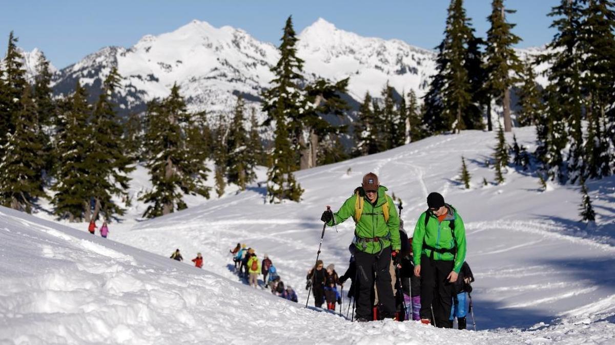 In this Jan. 11, 2016, photo Eric Gullickson, front left, an avalanche instructor with the Northwest Avalanche Center, leads teenagers on an avalanche awareness field trip near Mount Baker. As more young adults head out of bounds to ski, snowboard or hike in the winter, experts are targeting their message about avalanche safety and knowledge to an even younger audience.