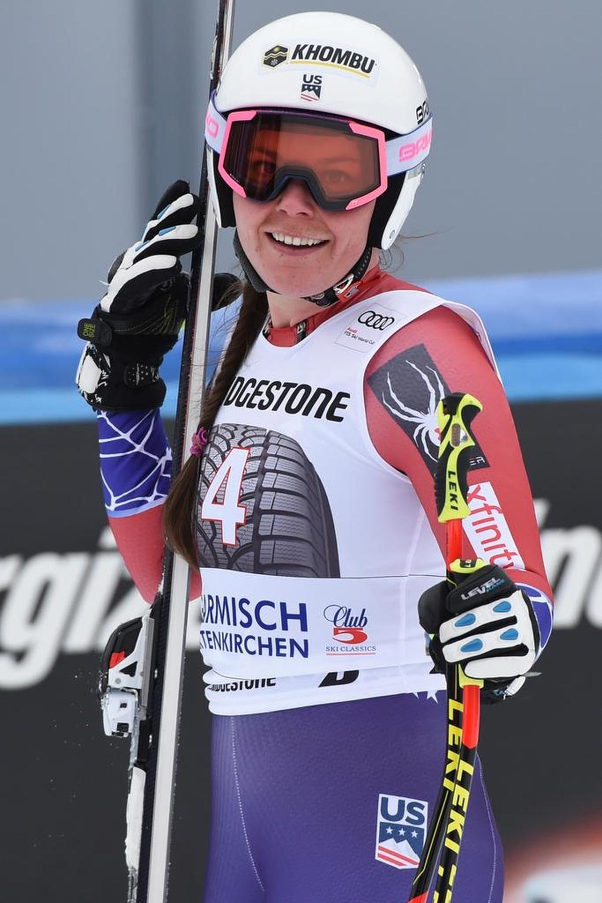 United States' Breezy Johnson arrives at the finish area after competing during an alpine ski, women's world Cup downhill race, in Garmisch Partenkirchen, Germany, Saturday, Feb. 3, 2018.