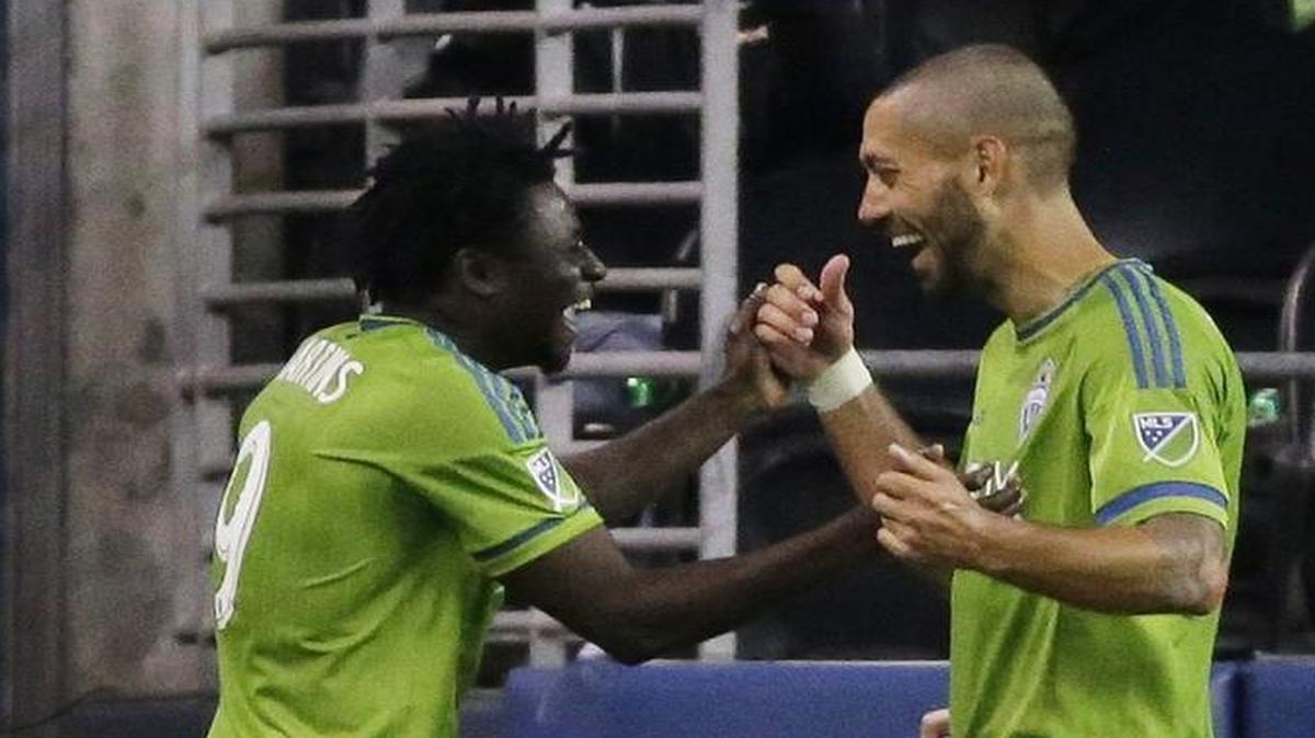 
Sounders designated players Obafemi Martins, left, and Clint Dempsey are expected to play Saturday against Toronto. Dempsey has been hampered by a hamstring injury.
