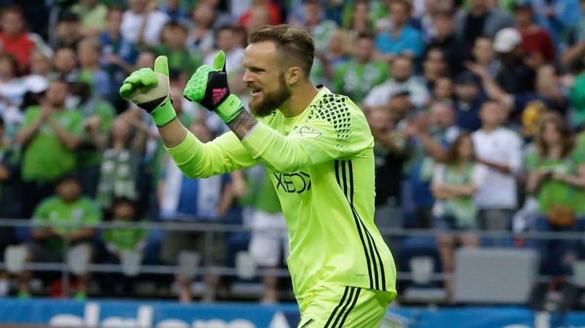Seattle Sounders goalkeeper Stefan Frei reacts to a play against the Portland Timbers during an MLS soccer match, Sunday, Aug. 21, 2016, in Seattle.