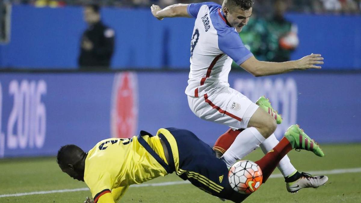 U.S. forward Jordan Morris (9) battles Colombia defender Yerry Mina (3) during the first half of an Olympic qualifying soccer match this past Tuesday in Frisco, Texas. The United States U-23 national team lost and was eliminated from qualifying for a spot in the Rio Olympics this summer.