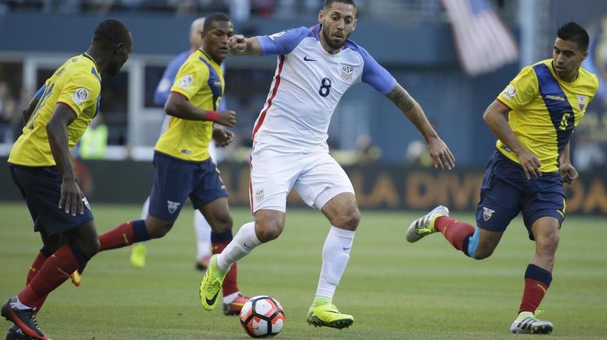 United States’ Clint Dempsey, center, controls the ball as he dribbles in between Ecuador’s Christian Noboa, right, and Walter Ayovi during a Copa America Centenario quarterfinal soccer match, June 16 at CenturyLink Field in Seattle.